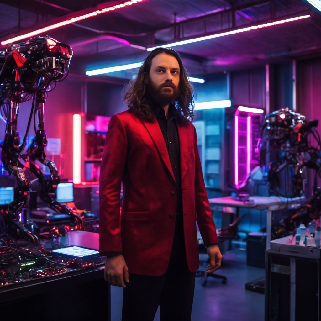 Rito standing in red suit in neon lit futuristic background