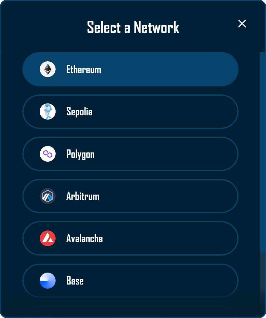 Network Modal displaying list of available blockchain networks